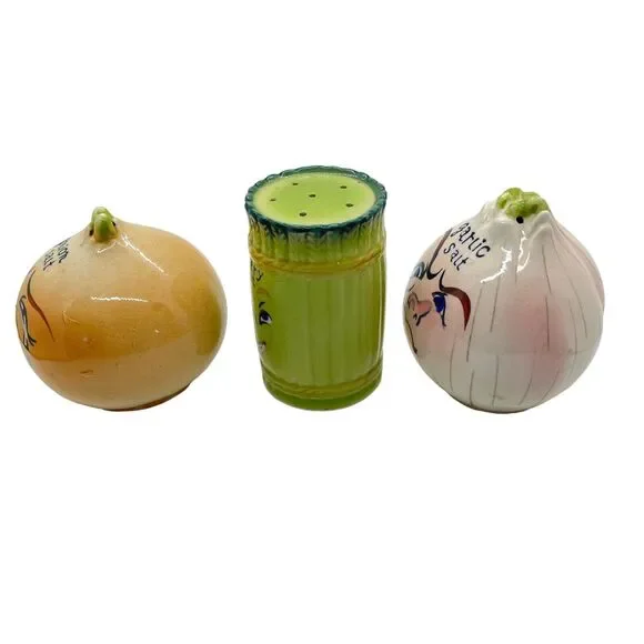 Anthropomorphic Salt Shakers Celery Onion Garlic Vegetable Head Vintage Norcrest - Picture 2 of 12